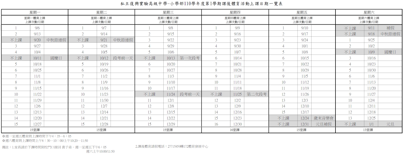 小學部110學年度第1學期課後體育活動上課日期一覽表