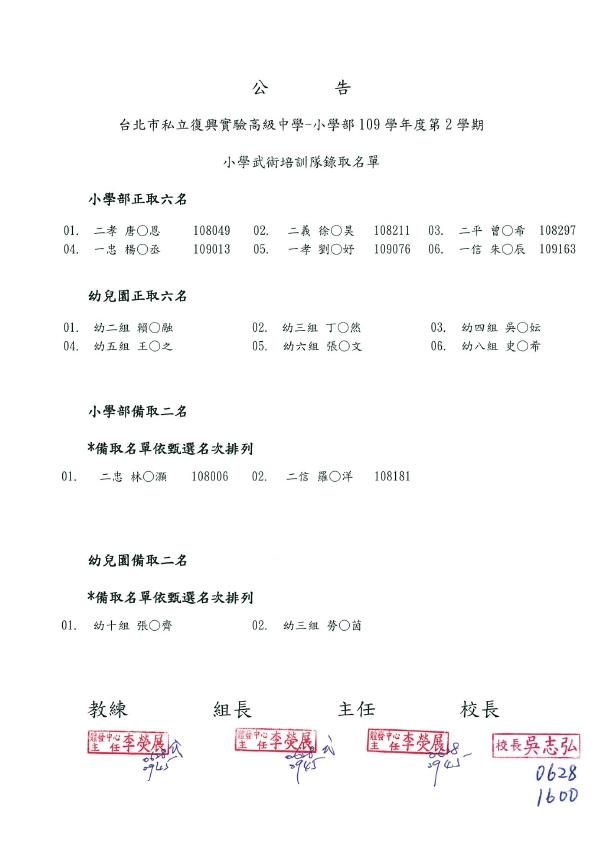 109學年度第2學期小學武術培訓隊甄選錄取名單