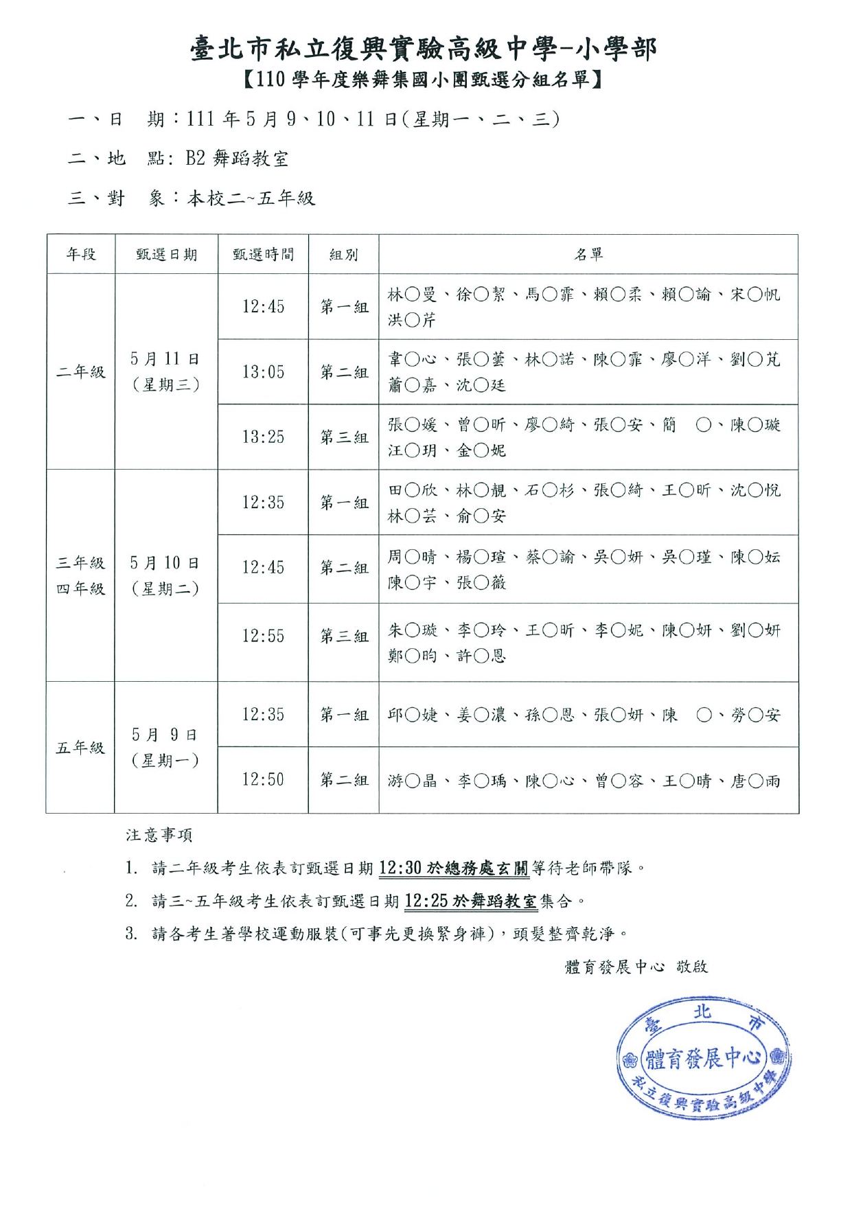 110學年度樂舞集國小團甄選分組名單