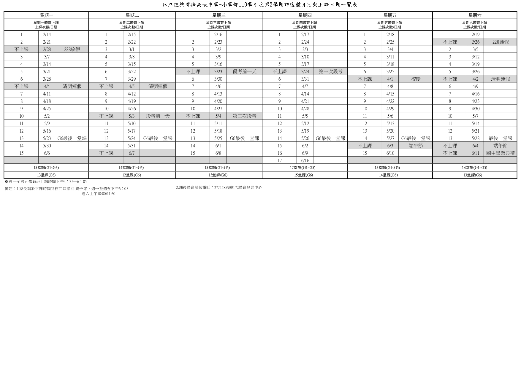 110學年度第2學期體育活動上課日期一覽表