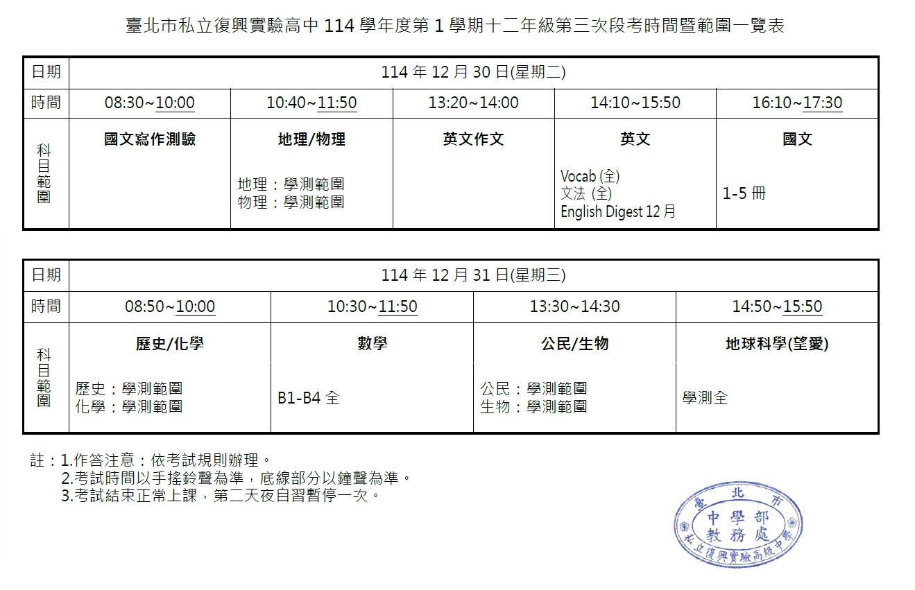 114學年度第1學期十二年級第三次段考考程暨範圍表